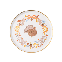 Round Thanksgiving paper plate with a copper turkey in a gold-foil autumn wreath