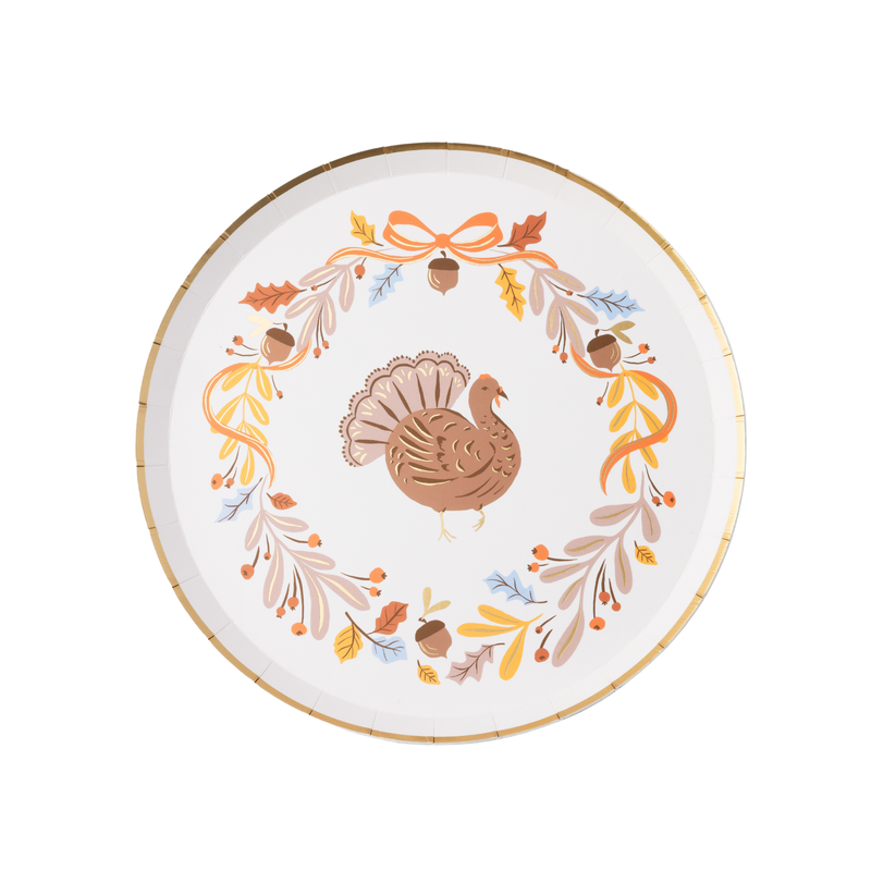Round Thanksgiving paper plate with a copper turkey in a gold-foil autumn wreath