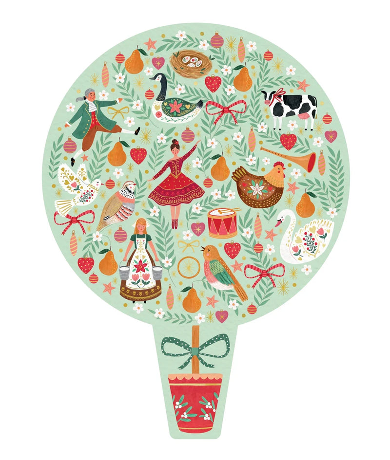 Topiary shaped Christmas jigsaw puzzle illustrating the Twelve Days of Christmas, with a partridge, pears, swan, goose, hens, dancers, a milkmaid, drum and gold ring in a red pot with a green bow