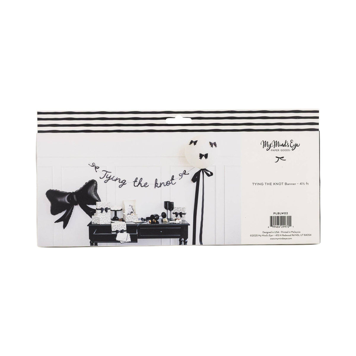 Back packaging view showing banner displayed above styled party table