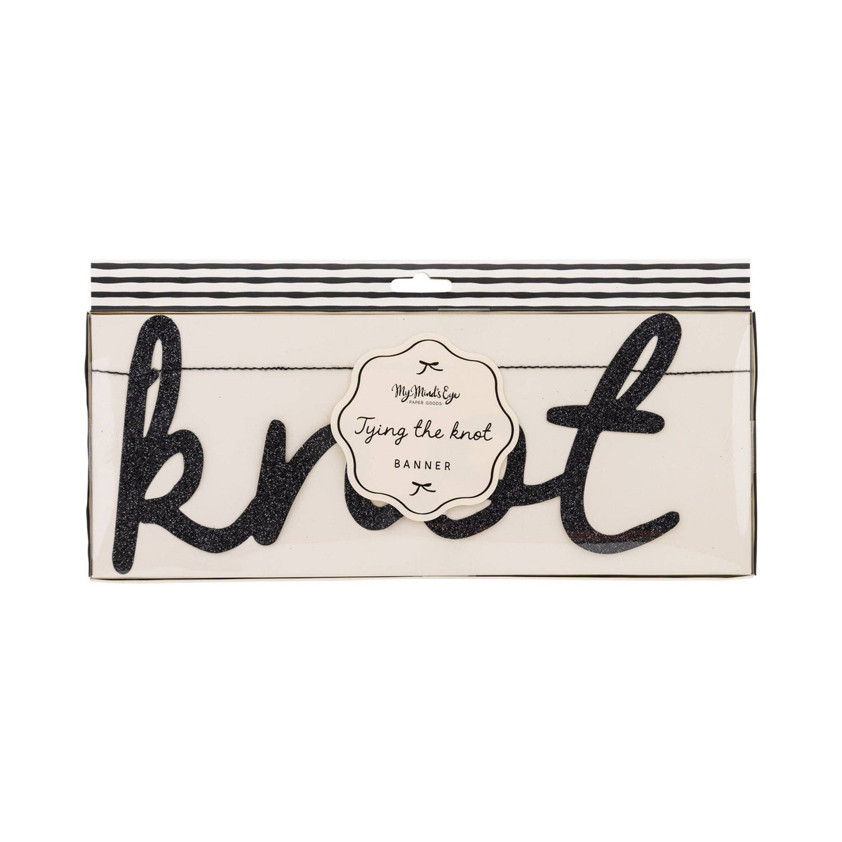 Black glitter “Tying the Knot” banner packaged in clear sleeve with striped header