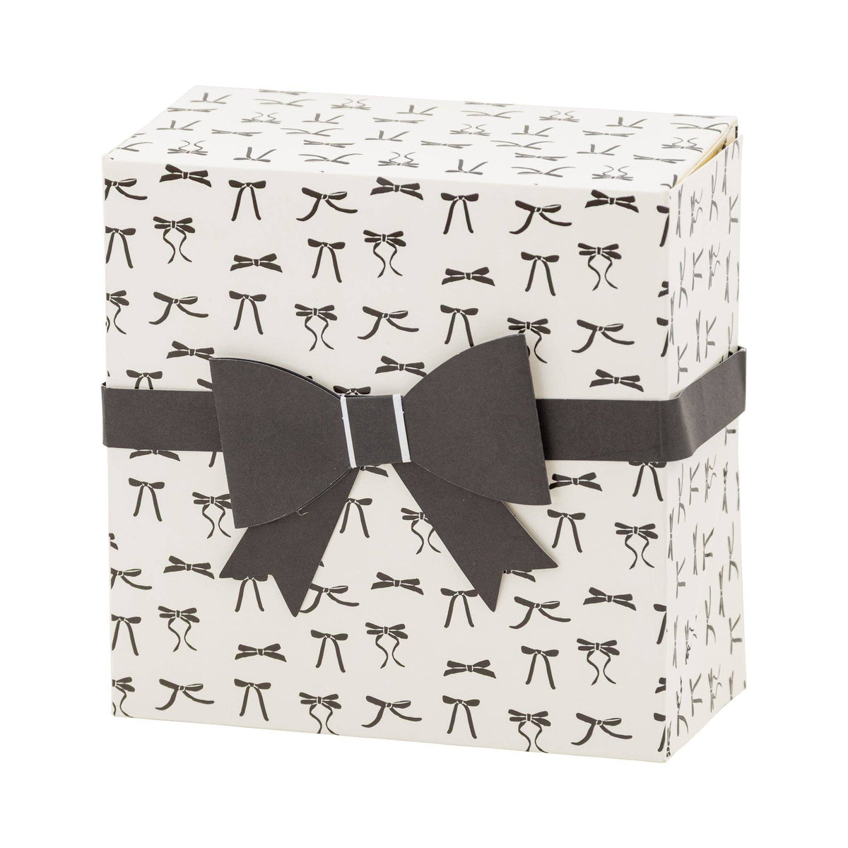 Front view of Tying the Knot Treat Box with black bow pattern and paper ribbon.