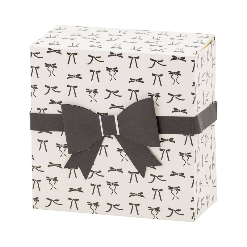 Front view of Tying the Knot Treat Box with black bow pattern and paper ribbon.