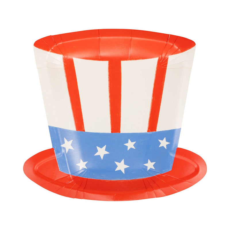 Single Uncle Sam hat shaped paper plate on white background showing full die-cut silhouette with red stripes, blue star band, and red brim