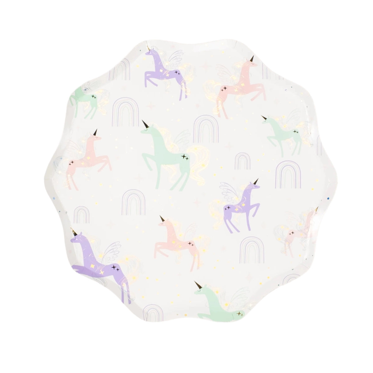 Product cutout: Unicorn Pattern Dinner Plate, scalloped edge.