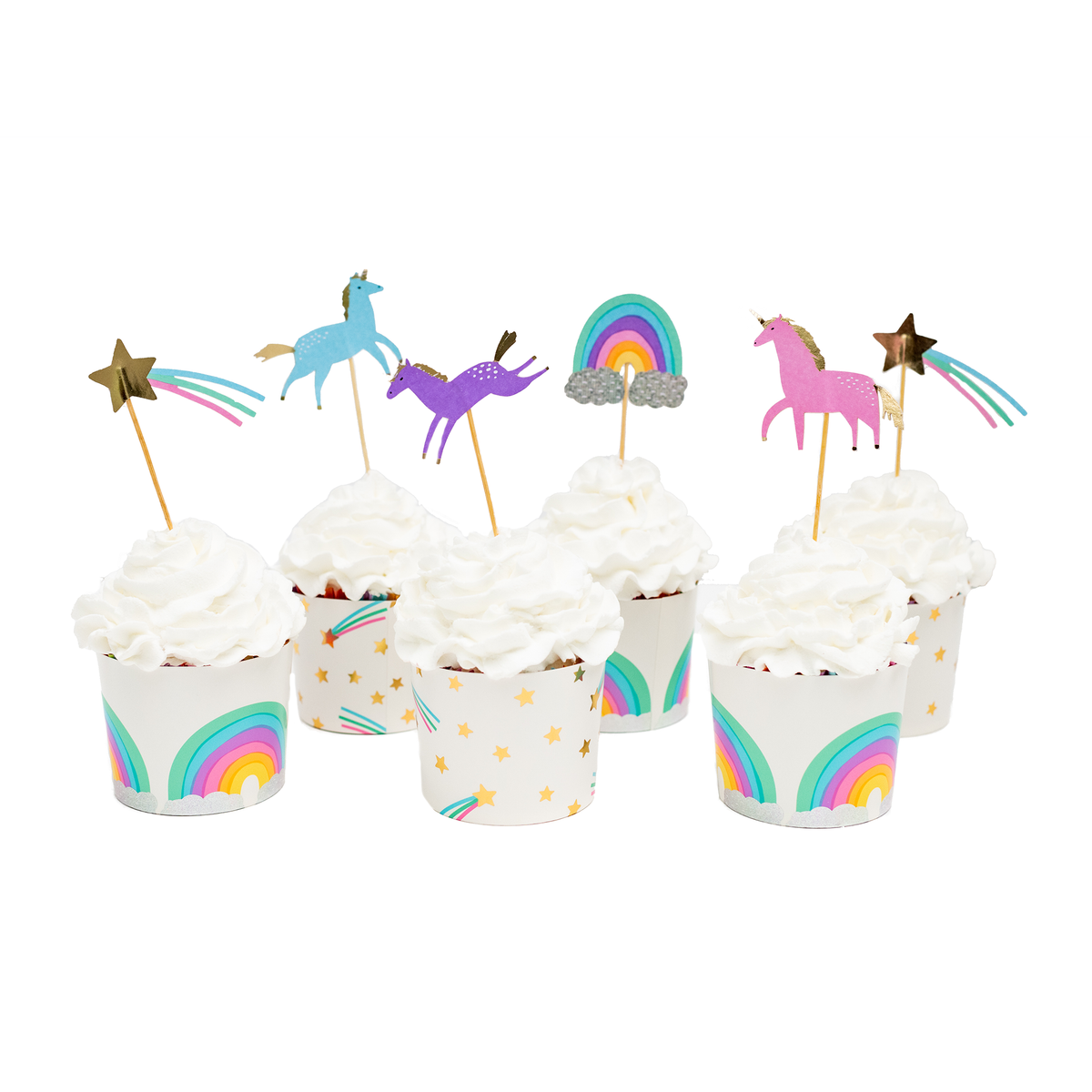 unicorn cupcake toppers with rainbow and pastel baking cups
