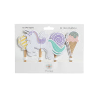 Package of 12 unicorn themed cake toppers with unicorns and ice cream cones