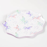 Full plate with all-over pastel unicorn pattern and confetti dots.