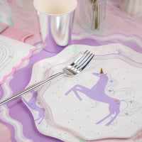 unicorn party plate with lavender scallop placemat and pastel table setting