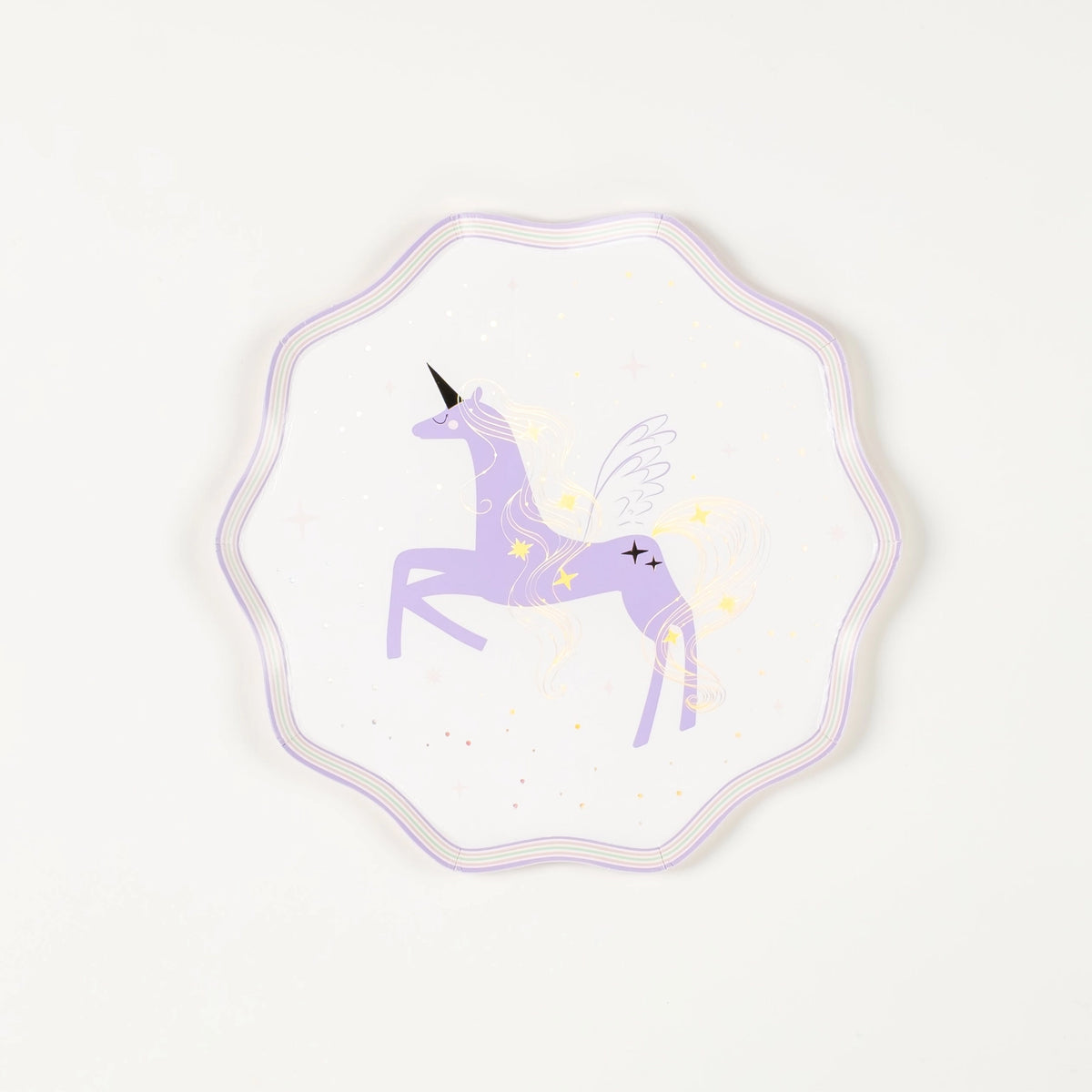 Lavender winged unicorn on white with star confetti—scalloped dessert plate.