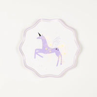 Lavender winged unicorn on white with star confetti—scalloped dessert plate.
