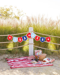 USA felt pennant banner hung on rope fence at beach picnic with red striped blanket, wicker basket, and patriotic styling