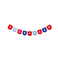 Full USA felt pennant banner laid out on white background showing all nine red, light blue, and navy pennant pieces with stars and letters strung on cream ribbon