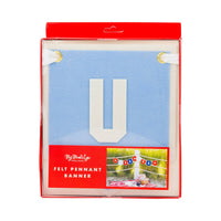 USA felt pennant banner in red retail box packaging showing light blue felt pennant with cream letter U and lifestyle photo on label