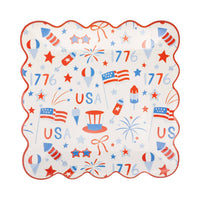 Single USA icons scalloped paper plate on white background showing full square shape with red scalloped edge and all-over Americana icons pattern