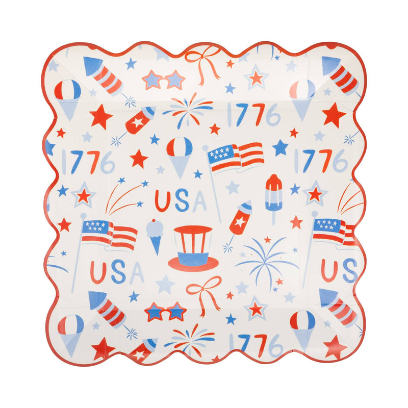 Single USA icons scalloped paper plate on white background showing full square shape with red scalloped edge and all-over Americana icons pattern