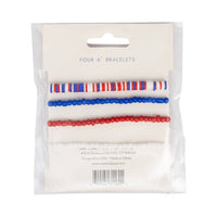 Back of packaging for USA patriotic beaded bracelet set showing four 6 inch bracelets on card with barcode