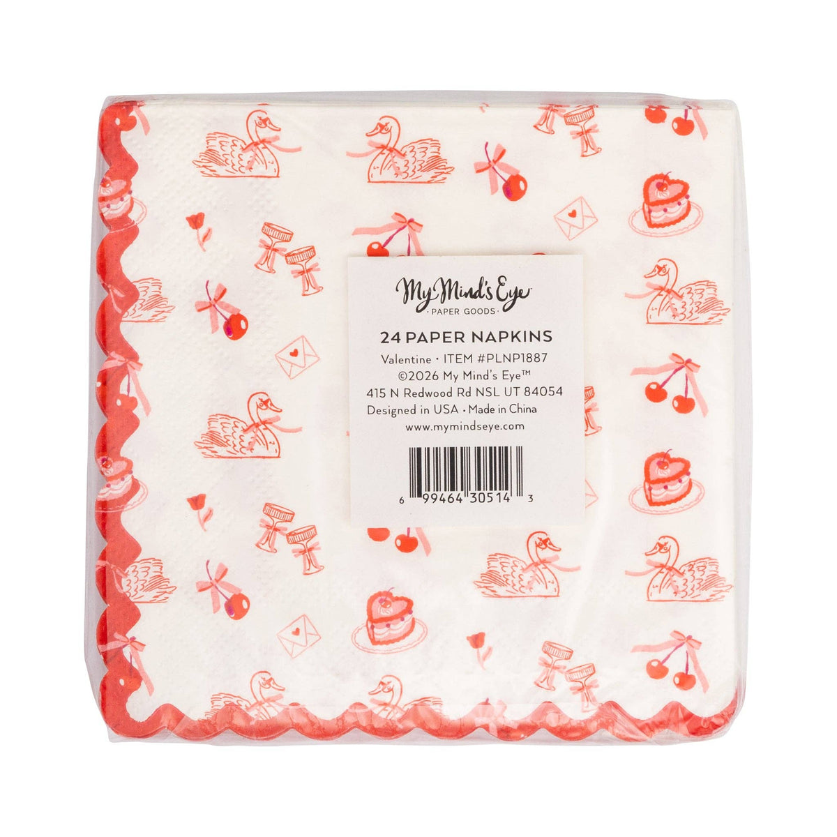 This image shows the back of the packaged Valentine cocktail napkins with the product label visible.