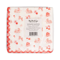 This image shows the back of the packaged Valentine cocktail napkins with the product label visible.
