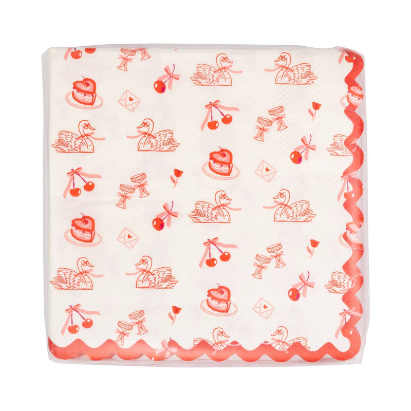 This photo shows a stack of Valentine pattern cocktail napkins wrapped in clear packaging.

