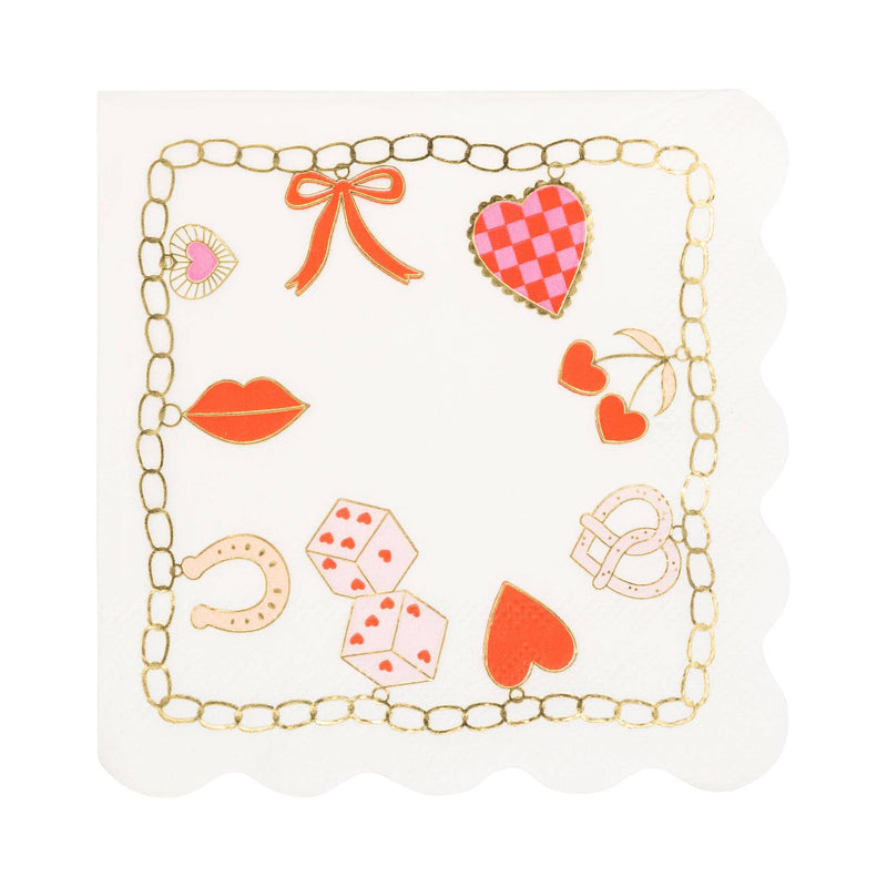 valentines charm cocktail napkin with gold foil and red pink charm illustrations