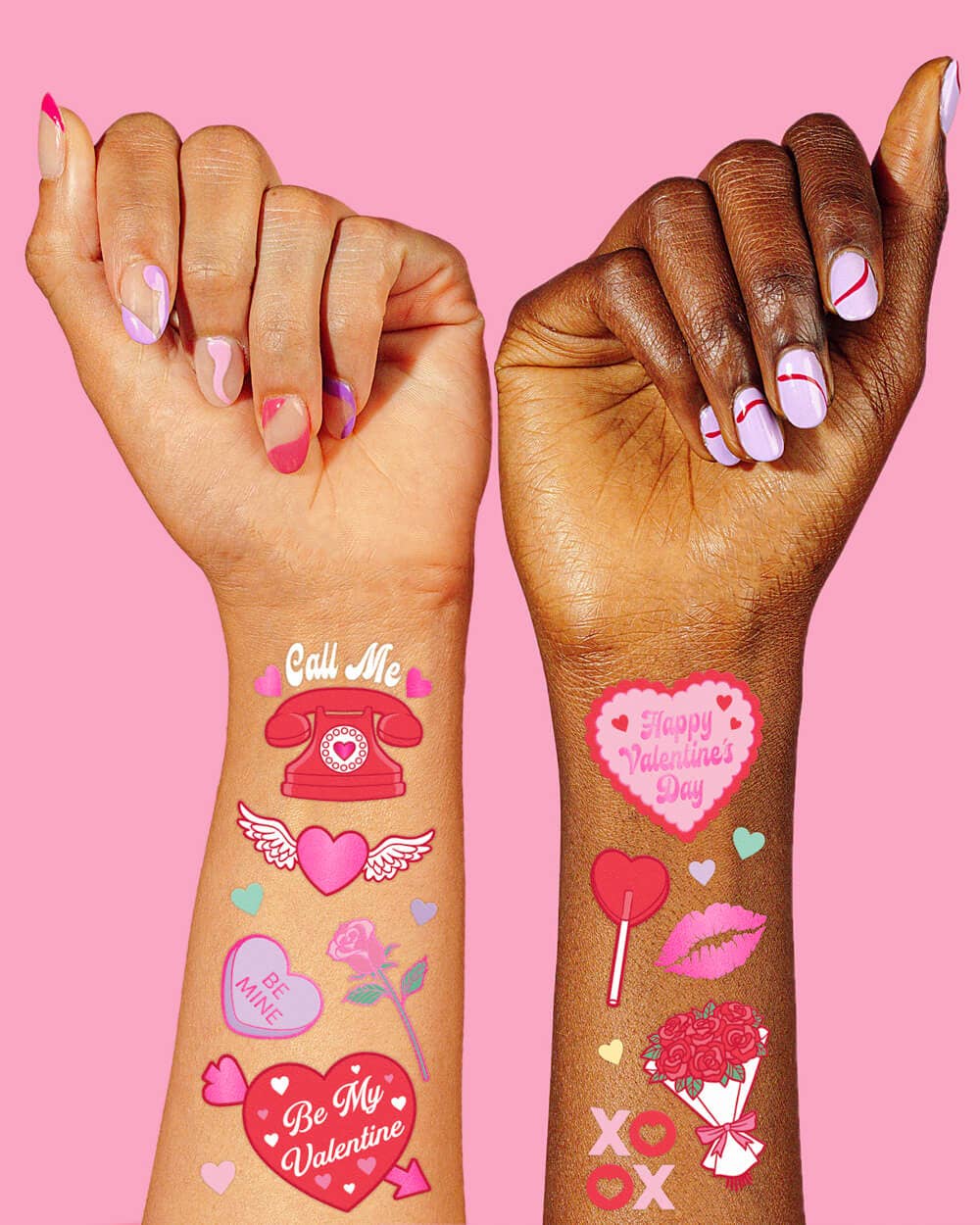 Valentine's temporary tattoo set of 2 sheets in Petit Fetti packaging showing vintage cherub, Lambeth cake, and bow designs
