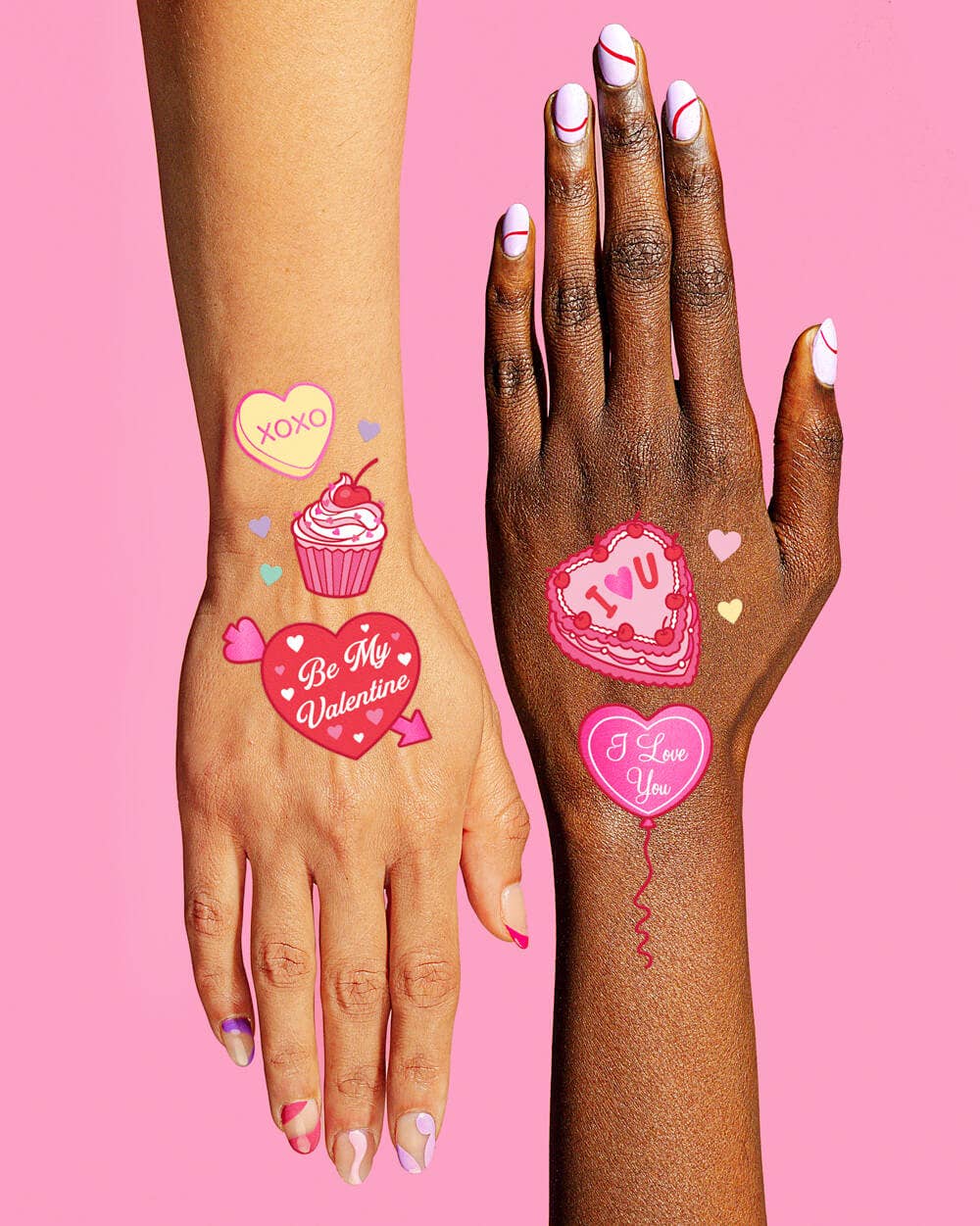 Two Valentine's temporary tattoo sheets stacked showing full vintage illustration designs in red, pink, and blue