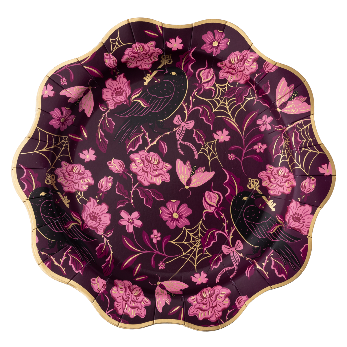 Plum gothic floral paper dinner plate with pink roses, black ravens, gold foil spiderwebs, and skeleton keys, with a scalloped gold foil rim, on a white background.