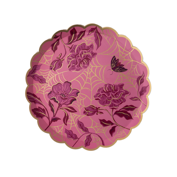 Pink gothic cake plate with a gold foil spider web print, magenta roses, and a gothic moth, with a round scalloped gold foil edge, on a white background.