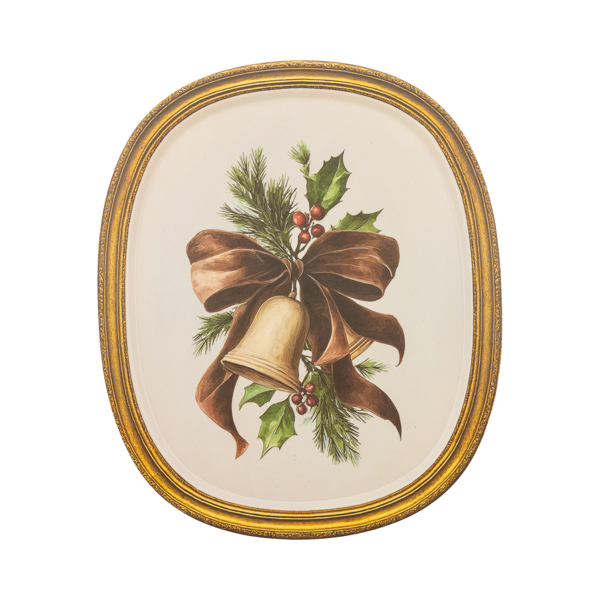 Rounded cream bamboo tray with a gold-framed vintage bell-and-bow illustration.
