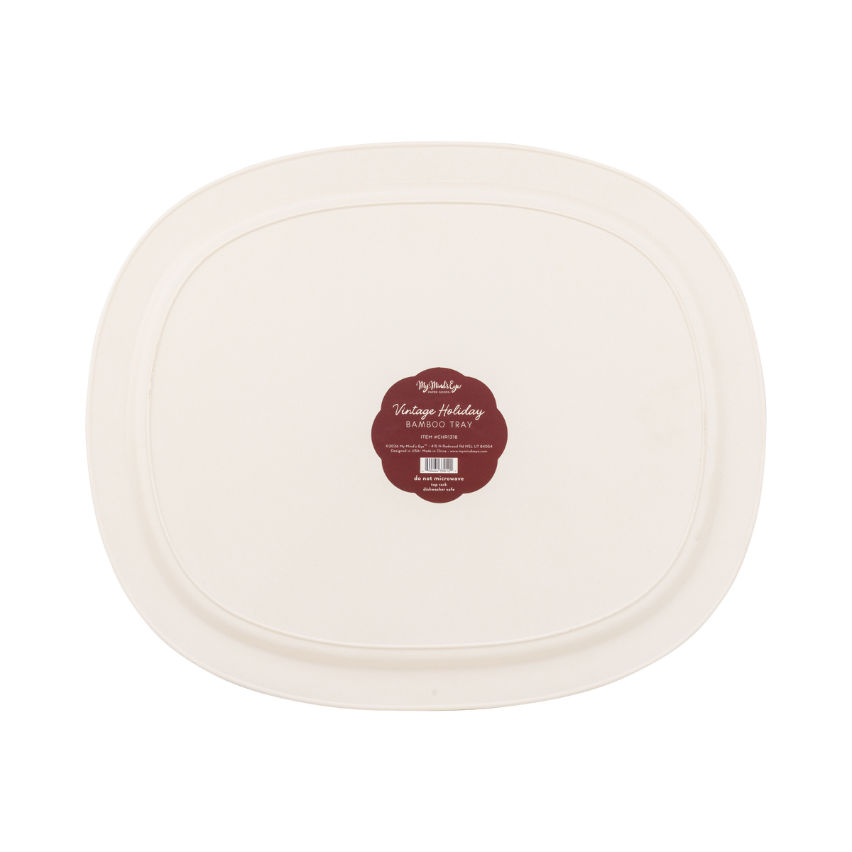 Back of the vintage bell bamboo tray showing the rounded shape and product label.
