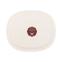 Back of the vintage bell bamboo tray showing the rounded shape and product label.