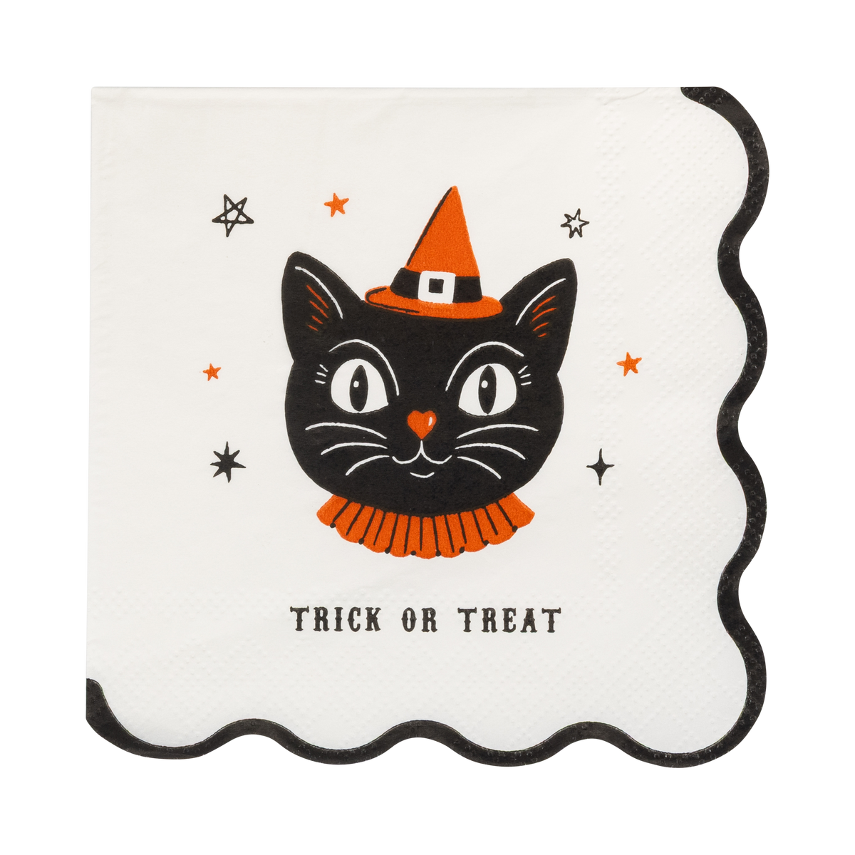 Vintage black cat paper cocktail napkin in a witch hat with a ruffled collar, Trick or Treat text and a black scalloped edge