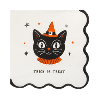 Vintage black cat paper cocktail napkin in a witch hat with a ruffled collar, Trick or Treat text and a black scalloped edge
