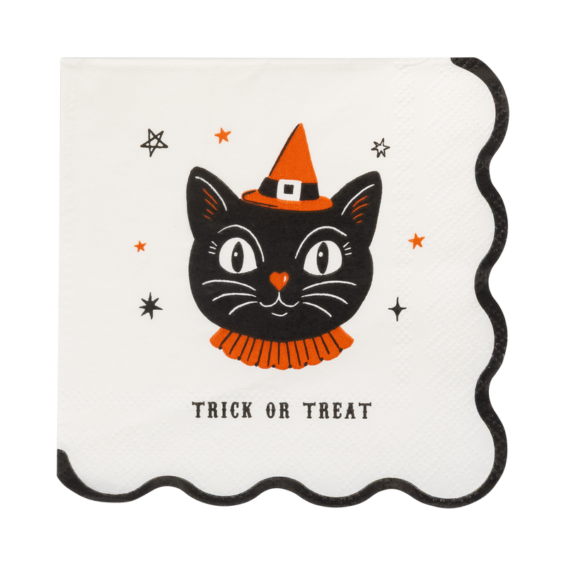 Vintage black cat paper cocktail napkin in a witch hat with a ruffled collar, Trick or Treat text and a black scalloped edge