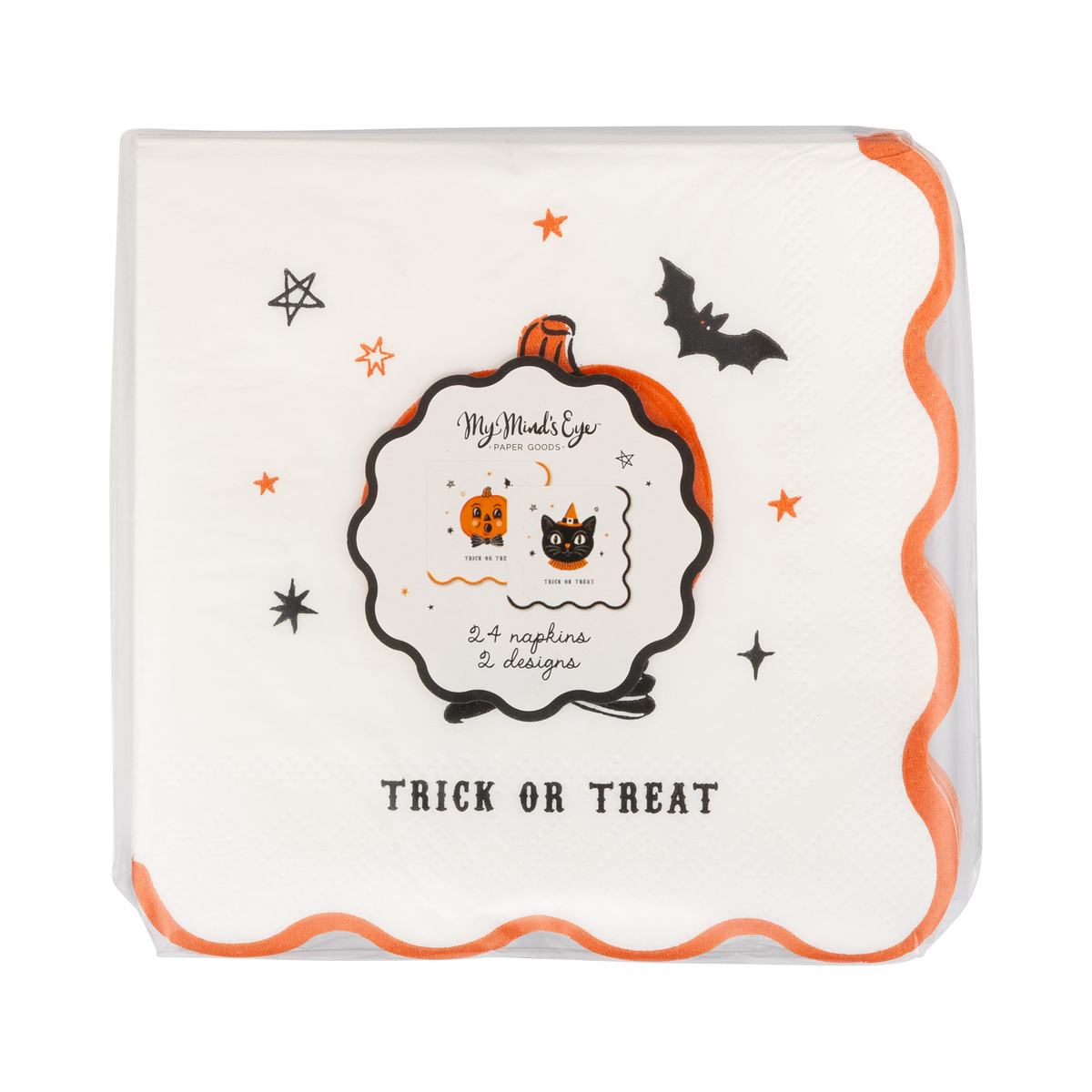 Front of the Vintage Trick or Treat napkin pack showing both designs and the 24 count