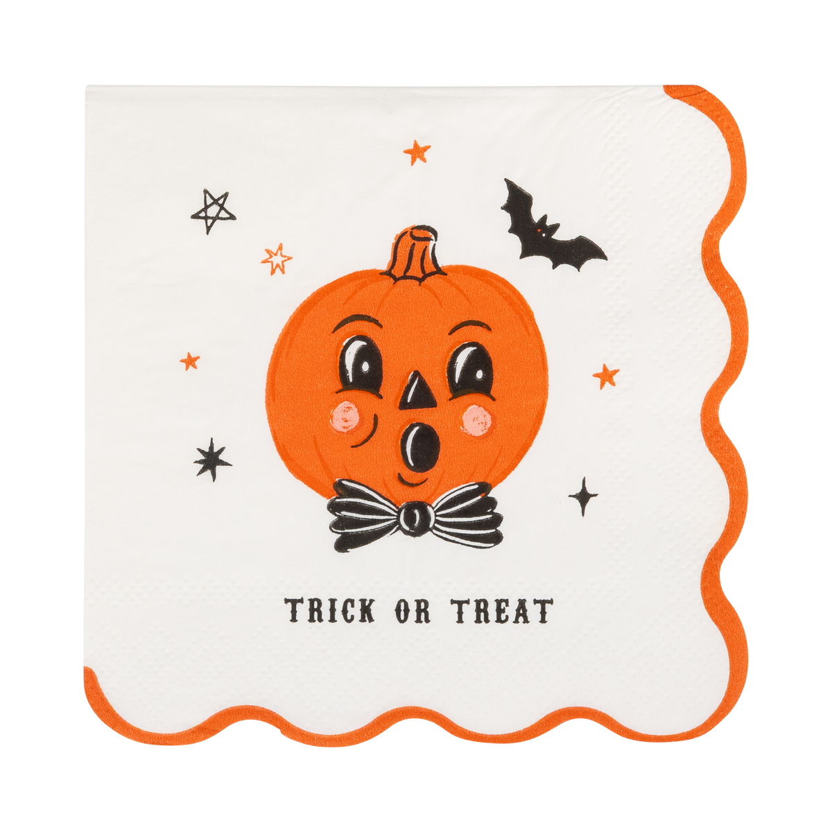 Vintage jack-o-lantern paper cocktail napkin with a bow tie, bat, stars and an orange scalloped edge