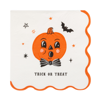 Vintage jack-o-lantern paper cocktail napkin with a bow tie, bat, stars and an orange scalloped edge