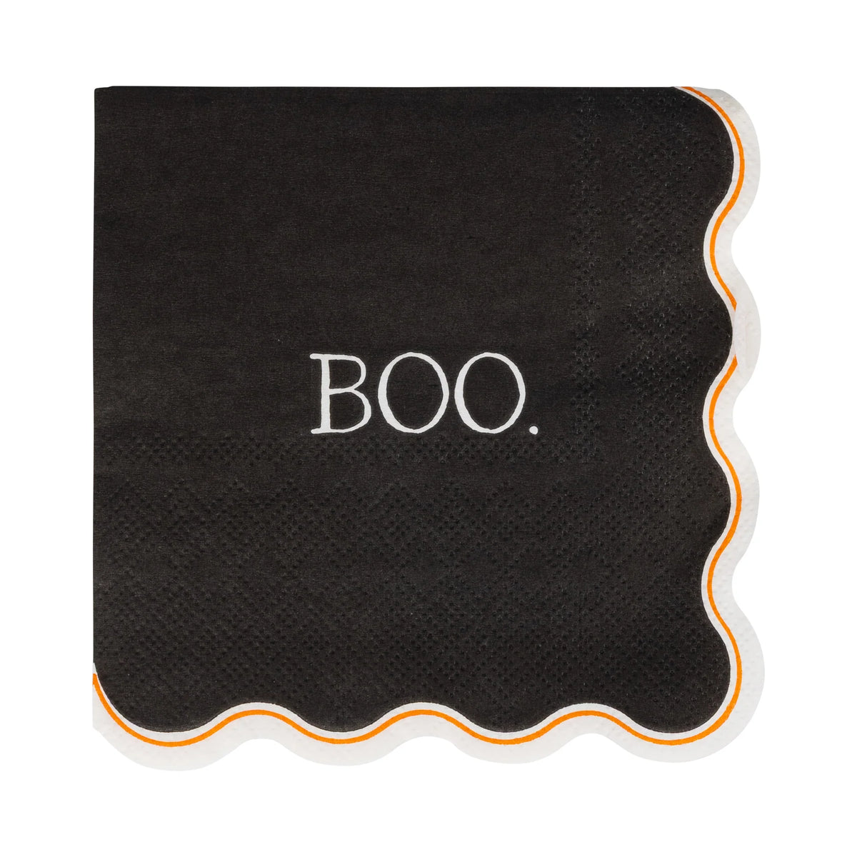 Single Vintage Boo Halloween cocktail napkin, black with “BOO.” and scalloped white border with orange piping, folded 5" x 5".