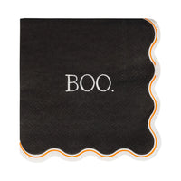 Single Vintage Boo Halloween cocktail napkin, black with “BOO.” and scalloped white border with orange piping, folded 5" x 5".
