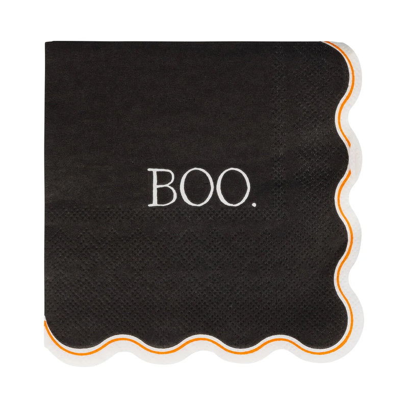Single Vintage Boo Halloween cocktail napkin, black with “BOO.” and scalloped white border with orange piping, folded 5" x 5".