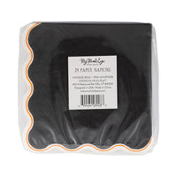 Back of retail pack showing 24 count Vintage Boo Halloween cocktail napkins with scalloped white-and-orange edge, 5" x 5" size.