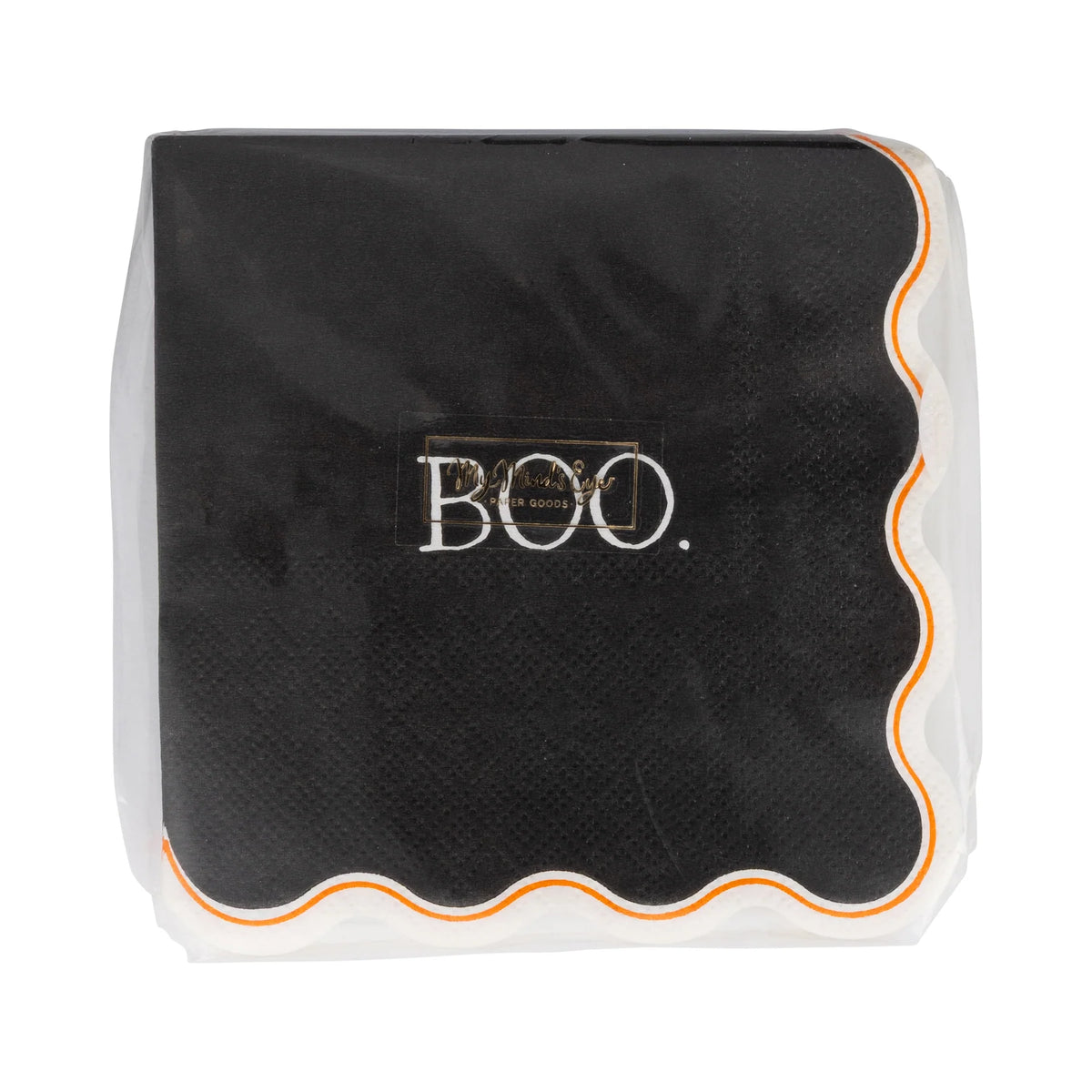 Front of pack of Vintage Boo black Halloween napkins featuring white “BOO.” text and scalloped trim, 24 paper napkins.