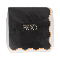 Front of pack of Vintage Boo black Halloween napkins featuring white “BOO.” text and scalloped trim, 24 paper napkins.