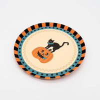 Smaller-scale vintage cat-and-pumpkin dessert plate showing the full illustration and border pattern.