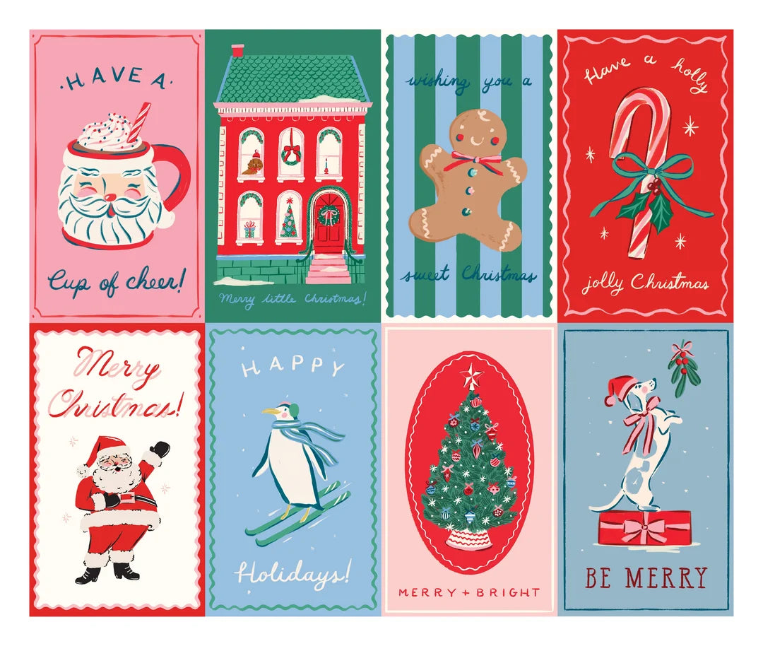 Christmas jigsaw puzzle design made of eight vintage style holiday cards, including a Santa mug, red townhouse, gingerbread man, candy cane, waving Santa, skiing penguin, Christmas tree and dog with mistletoe