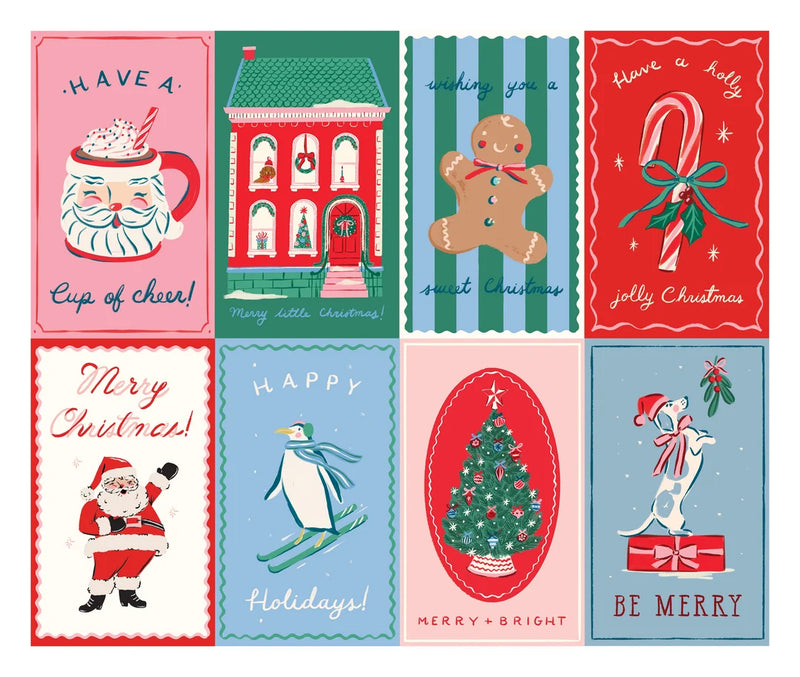 Christmas jigsaw puzzle design made of eight vintage style holiday cards, including a Santa mug, red townhouse, gingerbread man, candy cane, waving Santa, skiing penguin, Christmas tree and dog with mistletoe