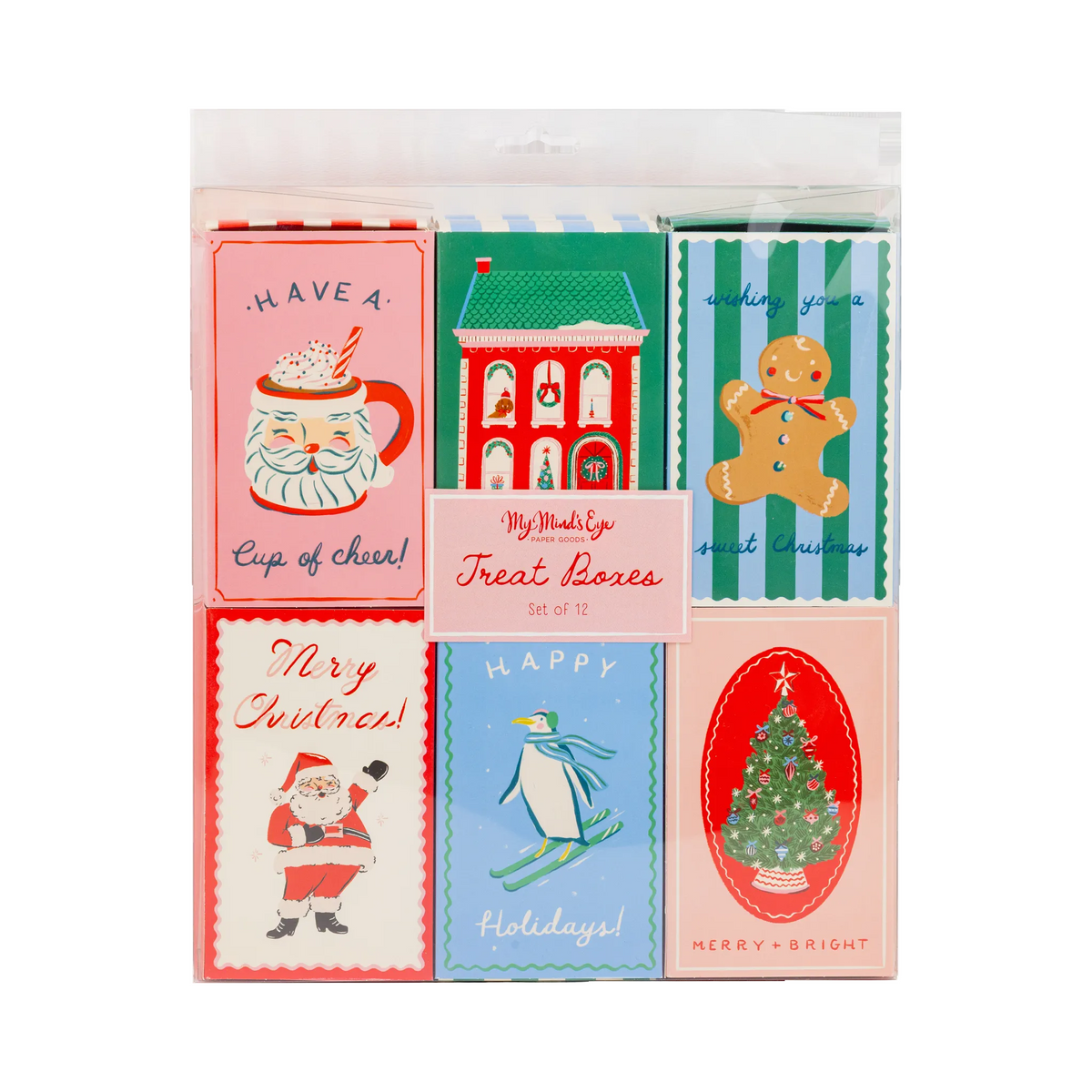 Set of 12 vintage Christmas treat boxes in packaging showing 6 designs including Santa mug, holiday house, and gingerbread man