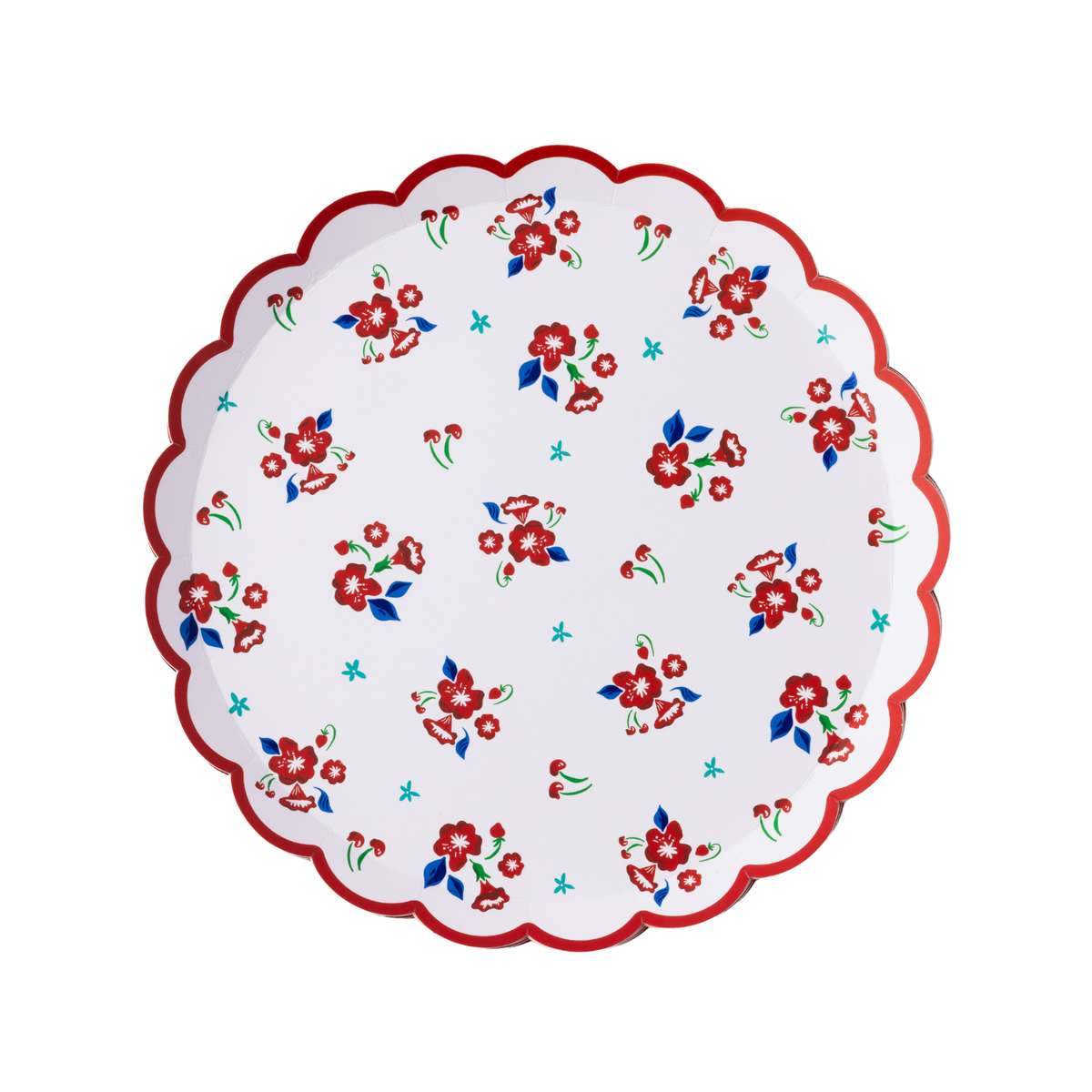 Single vintage floral scalloped paper dessert plate flat lay on white background showing full scattered red flower, blue leaf, and cherry print with red scalloped border