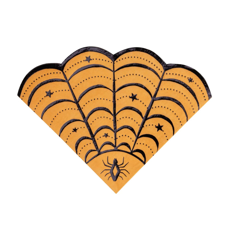 Fanned stack of vintage Halloween large napkins in an orange and black art-deco scalloped fan design with a spider.